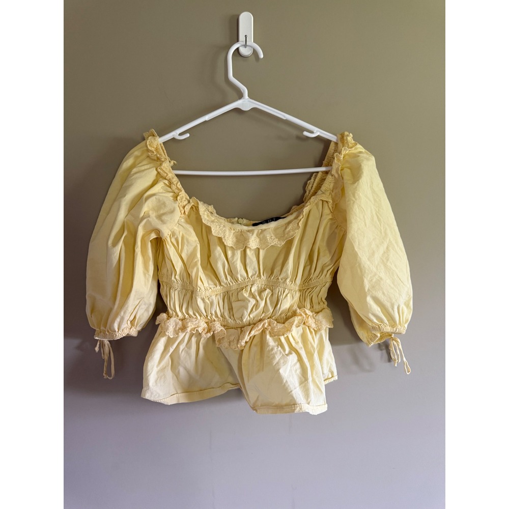 o.p.t Yellow Puff Sleeve Smocked Peplum Blouse Eyelet Lace Trim‎ Cottagecore L